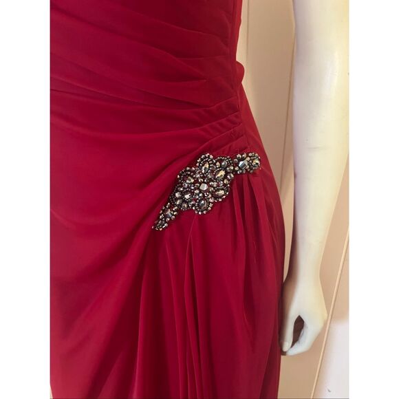 Alex Evenings Red One Shoulder Jewled Ruched Long Gown 10 - Picture 2 of 7
